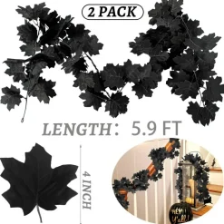 Black Maple Leaf Garland, 2PCS Halloween Artificial Hanging Fall Leave Vines, Fall Floral Garlands Thanksgiving Decor for Home Wedding Party (11.8FT)