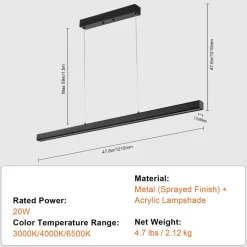 Black Metal Dimmable Fixture Chandelier LED Linear Pendant Light with Acrylic Lampshade Perfect for Any Room