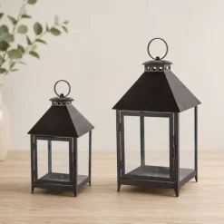 Black Metal & Glass Lantern Set, 11.75" & 16"