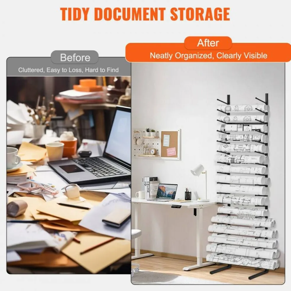 Black Metal 16-Tier Wall-Mounted Blueprint Storage Rack Heavy Duty