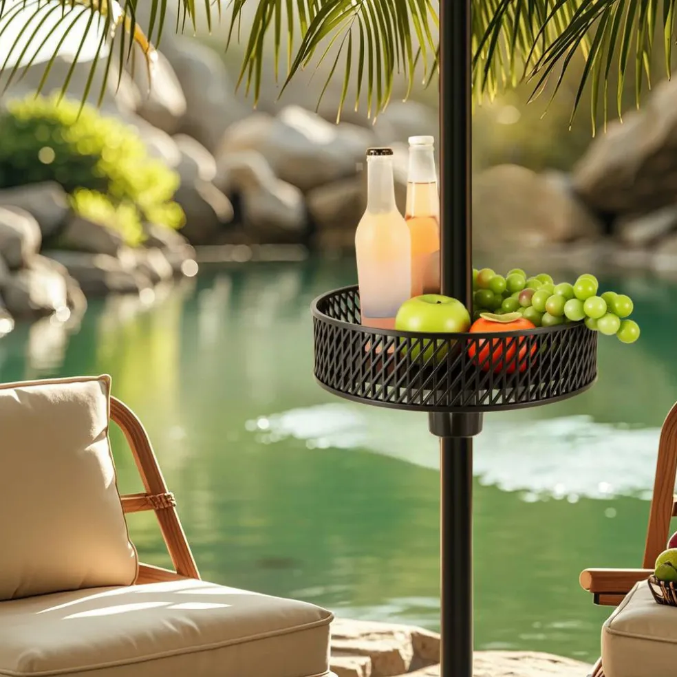 Black Patio Umbrella Table Tray with 3 Adapters for 1.26-1.5" Poles