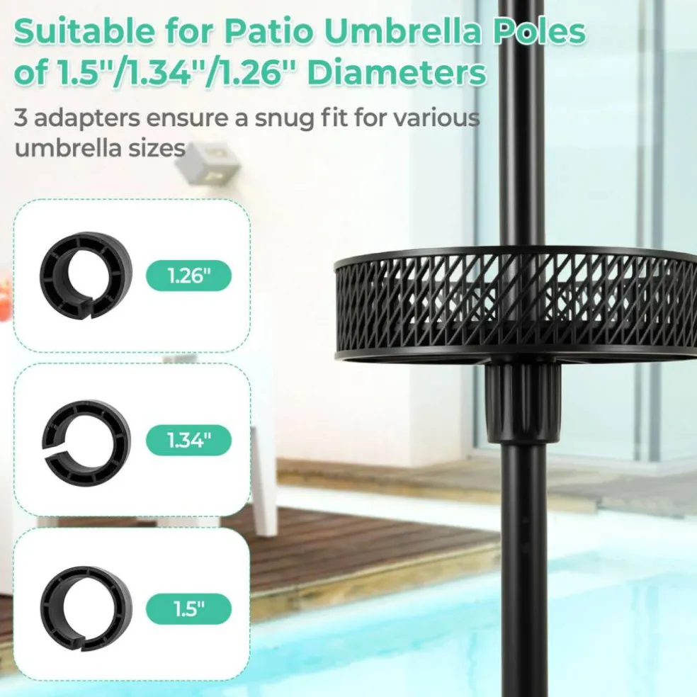 Black Patio Umbrella Table Tray with 3 Adapters for 1.26-1.5" Poles
