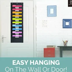 Black Pocket Chart for Classroom - 10 Pocket Storage Rainbow Pocket Charts , 3 Over Door Hangers Included, Hanging Wall File Organizer for File Folders, School Mailbox, Home/Office Papers