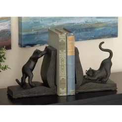 Black Polystone Eclectic Cat Bookends Set