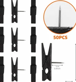50 black push pins with spring-loaded wooden clips damage-free cork board tacks for photos notes and artwork
