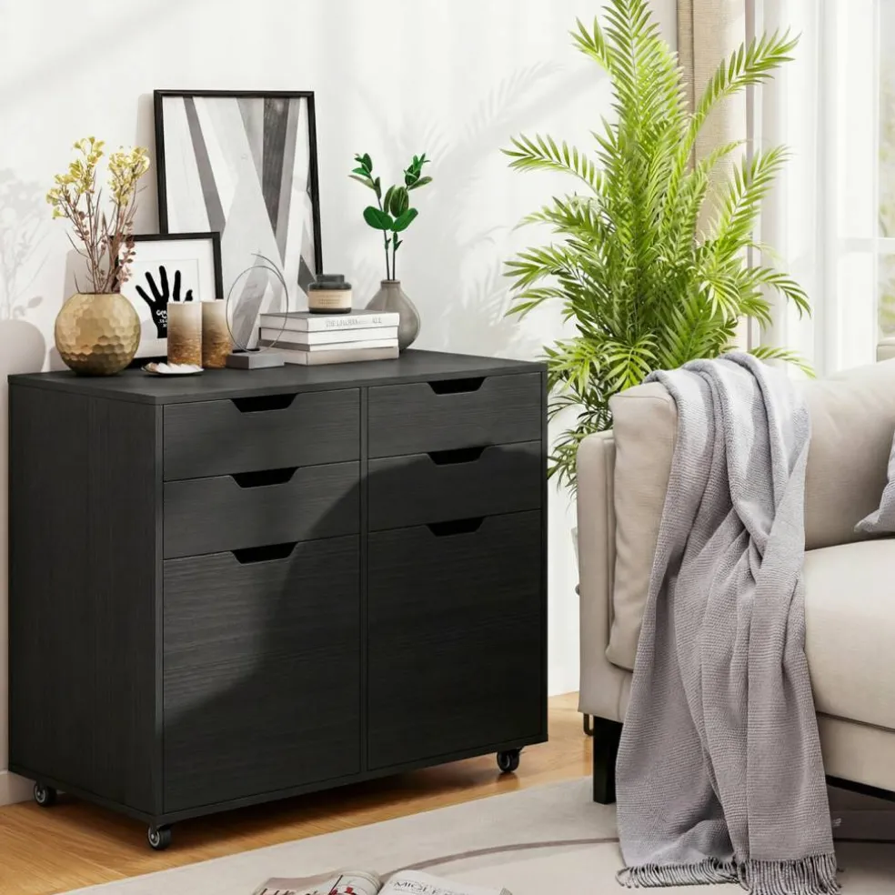 Black Rolling File Cabinet 4 Drawers 2 Cabinets Mobile Printer Stand