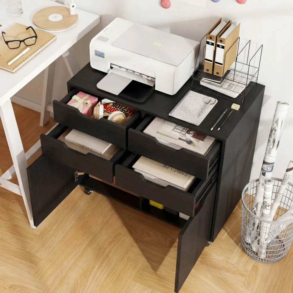 Black Rolling File Cabinet 4 Drawers 2 Cabinets Mobile Printer Stand