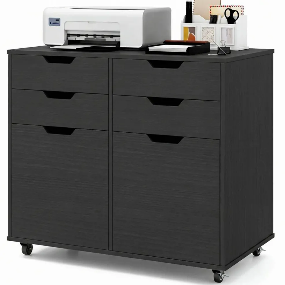Black Rolling File Cabinet 4 Drawers 2 Cabinets Mobile Printer Stand
