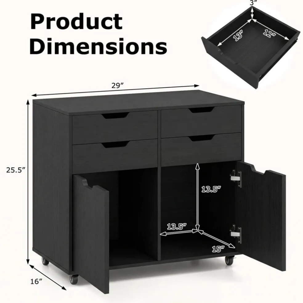 Black Rolling File Cabinet 4 Drawers 2 Cabinets Mobile Printer Stand