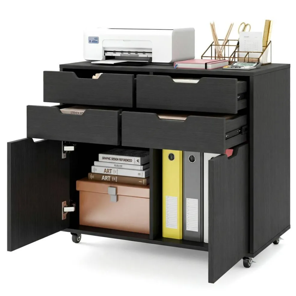 Black Rolling File Cabinet 4 Drawers 2 Cabinets Mobile Printer Stand