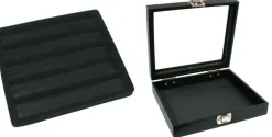 Black Sqaure Glass-top Case (Single Metal Latch) w/ Black 5-slot Plastic Tray