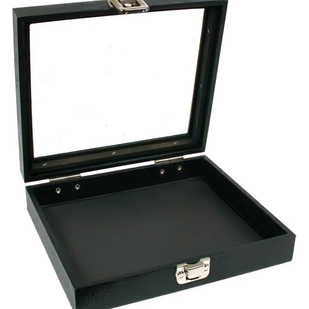 Black Sqaure Glass-top Case (Single Metal Latch) w/ Black 5-slot Plastic Tray