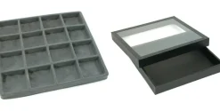 Black Square Display Case (Glass-top Removable Lid) w/ Gray 16-slot Plastic Tray