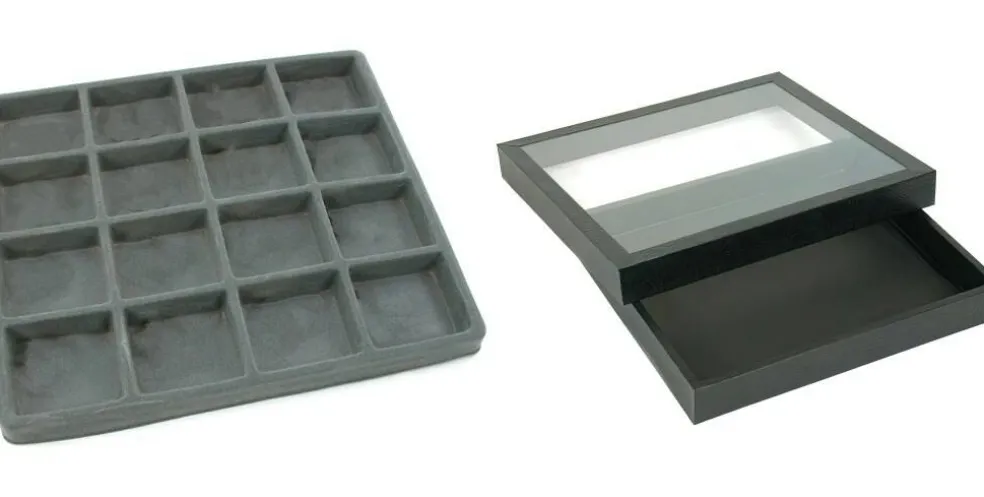 Black Square Display Case (Glass-top Removable Lid) w/ Gray 16-slot Plastic Tray
