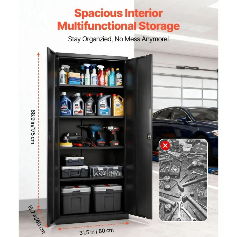 Black Steel Storage Cabinet 68.9 in Lockable with 4 Adjustable Shelves