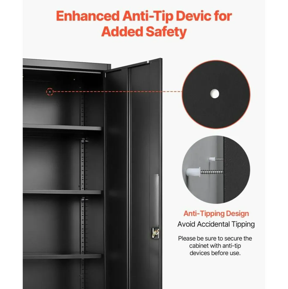Black Steel Storage Cabinet 68.9 in Lockable with 4 Adjustable Shelves
