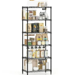 Black 6-Tier Heavy Duty Metal Wire Shelving Unit, Adjustable Storage Rack with 900 LBS Capacity and 4 Hooks