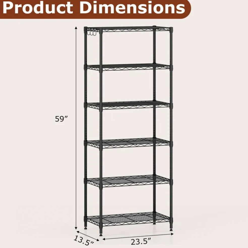 Black 6-Tier Heavy Duty Metal Wire Shelving Unit, Adjustable Storage Rack with 900 LBS Capacity and 4 Hooks
