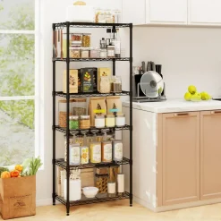 Black 6-Tier Heavy Duty Metal Wire Shelving Unit, Adjustable Storage Rack with 900 LBS Capacity and 4 Hooks