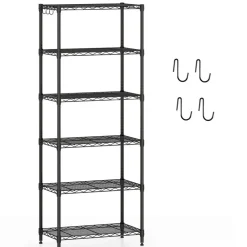 Black 6-Tier Heavy Duty Metal Wire Shelving Unit, Adjustable Storage Rack with 900 LBS Capacity and 4 Hooks