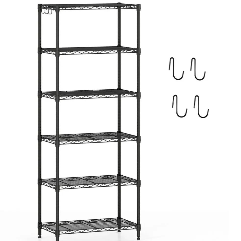 Black 6-Tier Heavy Duty Metal Wire Shelving Unit, Adjustable Storage Rack with 900 LBS Capacity and 4 Hooks
