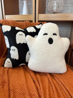 Black Velvet Ghost Pillow Cover – 18" Halloween Accent Cushion, Handmade with Hidden Zipper