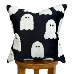 Black Velvet Ghost Pillow Cover – 18" Halloween Accent Cushion, Handmade with Hidden Zipper