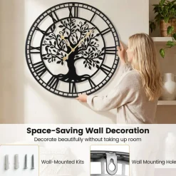 Black Wall Clock Tree of Life Non-Ticking Metal Decorative 27 Inch
