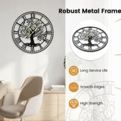 Black Wall Clock Tree of Life Non-Ticking Metal Decorative 27 Inch