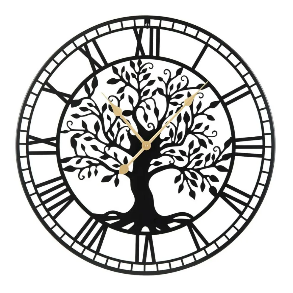 Black Wall Clock Tree of Life Non-Ticking Metal Decorative 27 Inch