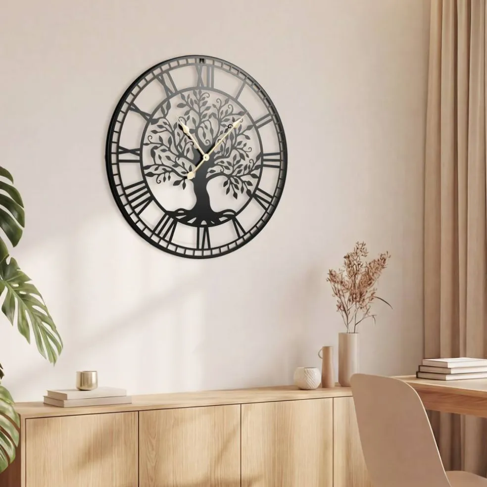 Black Wall Clock Tree of Life Non-Ticking Metal Decorative 27 Inch