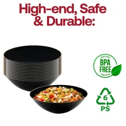 Black with Gold Rim Organic Round Disposable Plastic Soup Bowls - 16 oz. (120 Bowls)