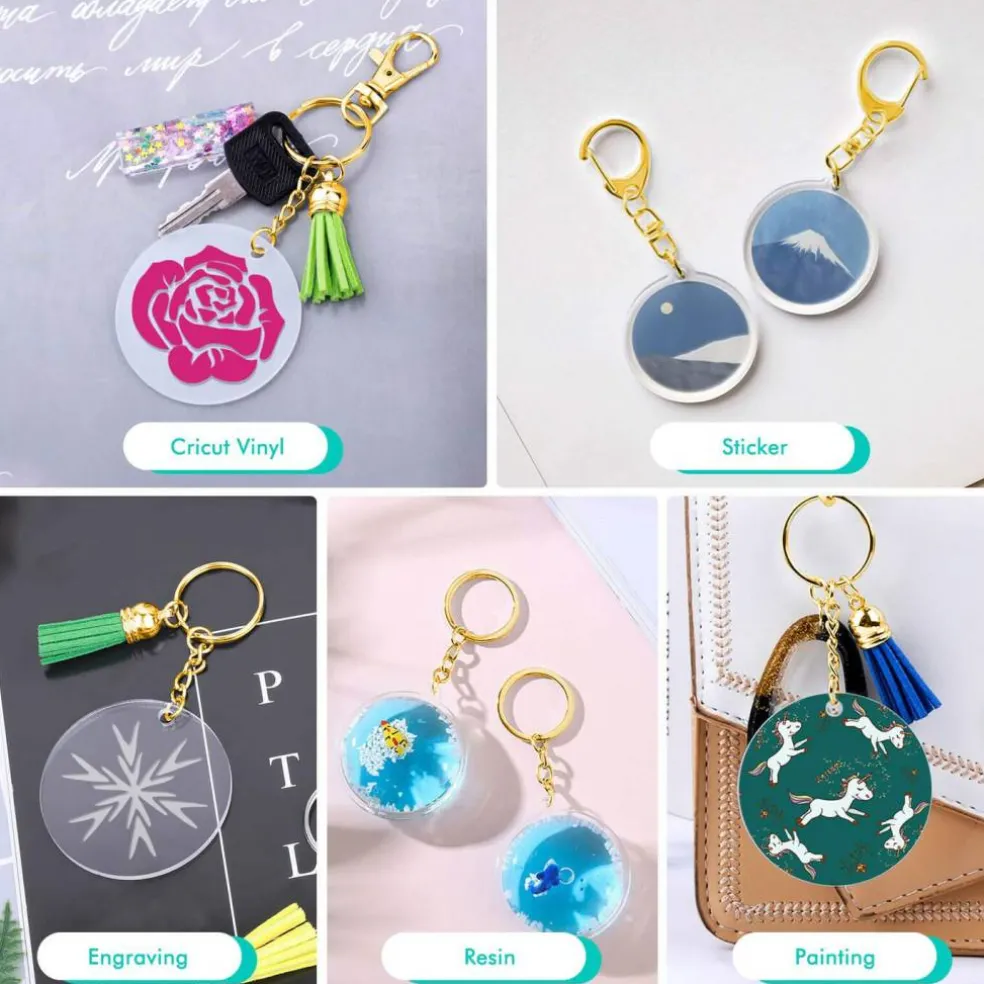 Blank Keychain Set, 120pcs Including Acrylic Discs, Tassels, Gold Keychains and Jump Rings for DIY Craft Kit