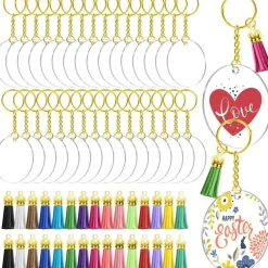 Blank Keychain Set, 120pcs Including Acrylic Discs, Tassels, Gold Keychains and Jump Rings for DIY Craft Kit
