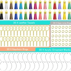 Blank Keychain Set, 120pcs Including Acrylic Discs, Tassels, Gold Keychains and Jump Rings for DIY Craft Kit