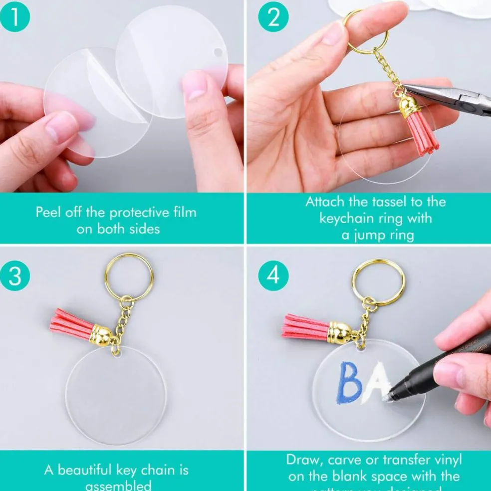 Blank Keychain Set, 120pcs Including Acrylic Discs, Tassels, Gold Keychains and Jump Rings for DIY Craft Kit