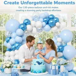 Blue Balloon Arch Kit Garland with White & Silver Confetti Balloons – Baby Blue Party Decorations for Boy Baby Shower, Birthday, Graduation, Wedding, Ocean & Pool Party Supplies (135PCS)