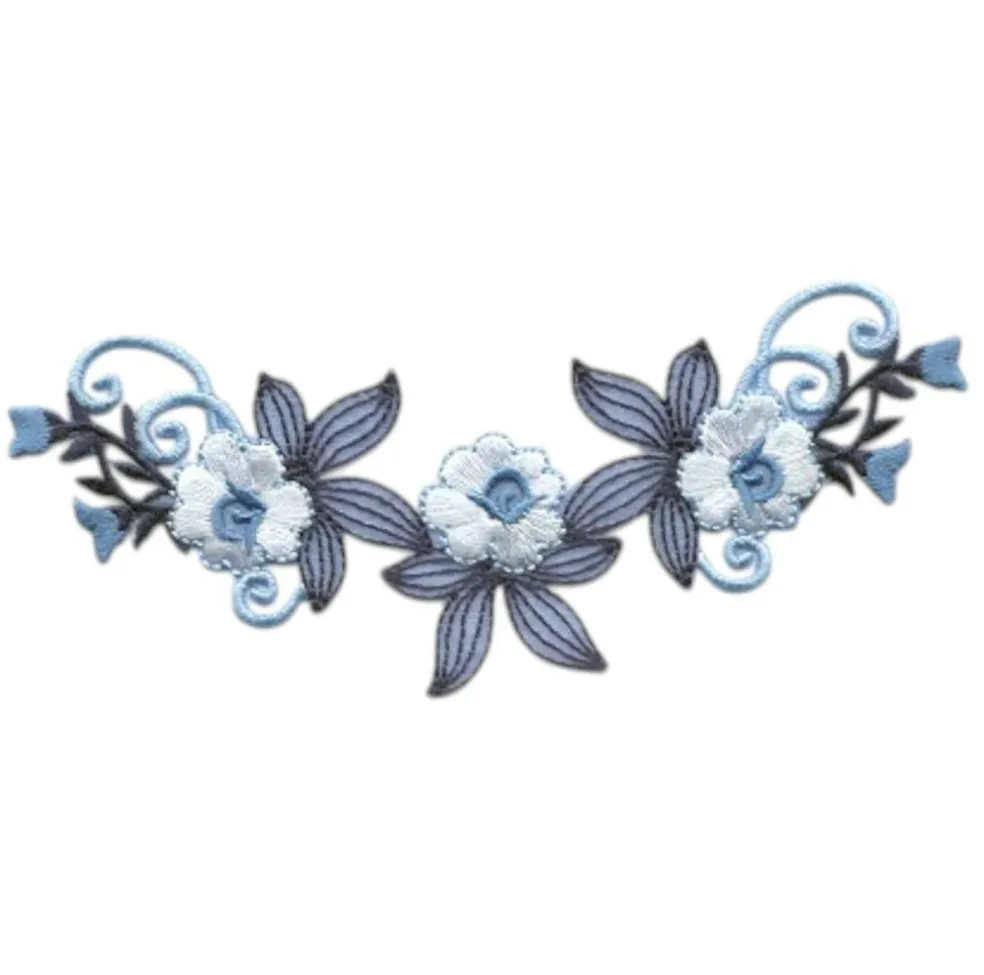 Blue Floral Embroidered Motif Applique for Garments, Iron-On, 5.38" x 2.38" - Iron on Patch