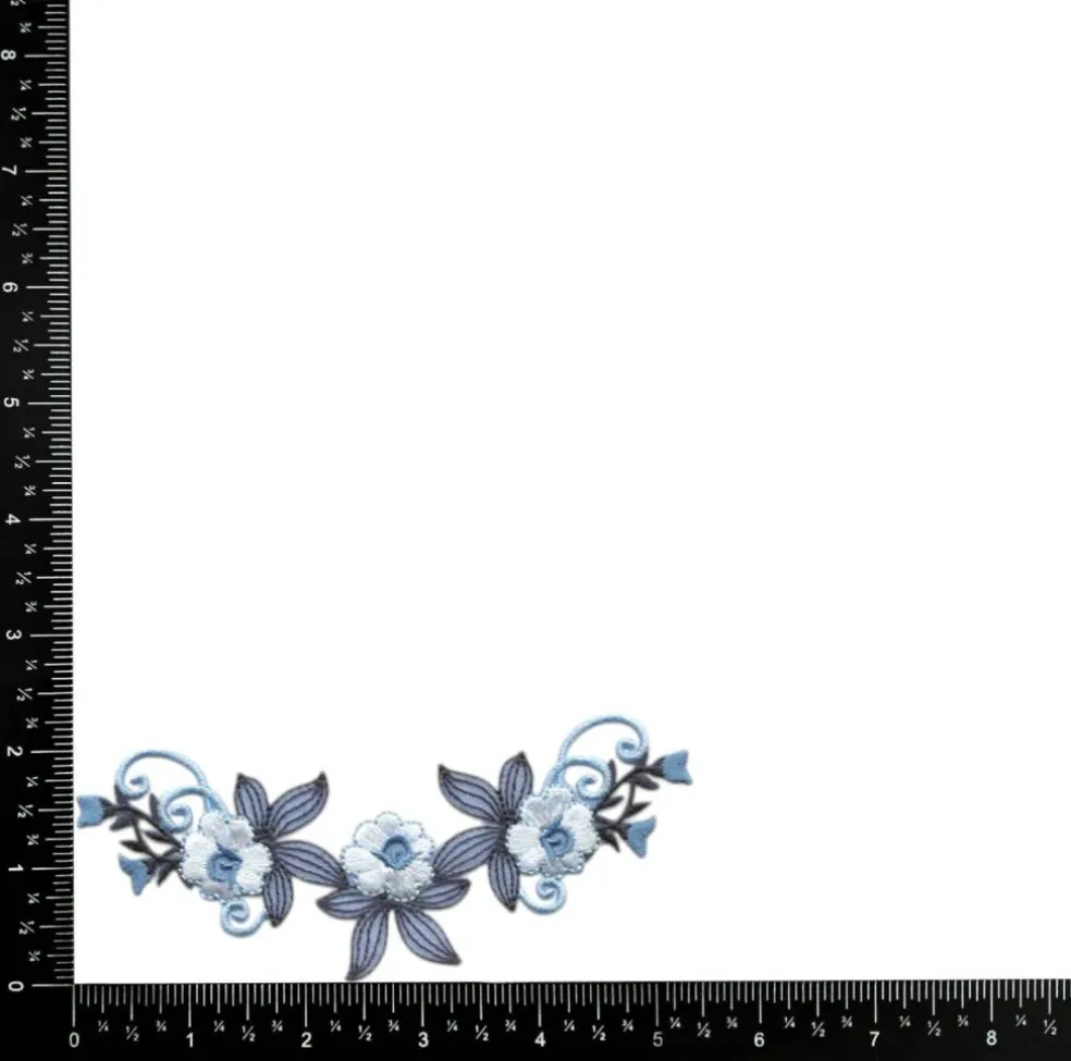 Blue Floral Embroidered Motif Applique for Garments, Iron-On, 5.38" x 2.38" - Iron on Patch