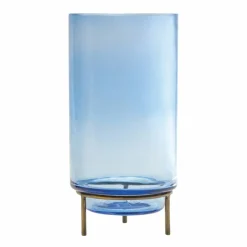 10" Blue Glass Vase with Metal Stand