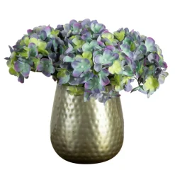 11" Blue Hydrangea Arrangement in Gold Metal Vase