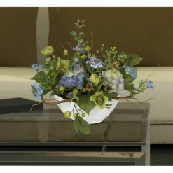 14" Blue Hydrangea Centerpiece in White Ceramic Bowl
