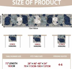 Blue Vintage Pumpkin Fall Thanksgiving Table Runner – 13×72 Inch Autumn Maple Leaf Harvest Farmhouse Kitchen Dining Table Decor for Seasonal Home & Party Decoration