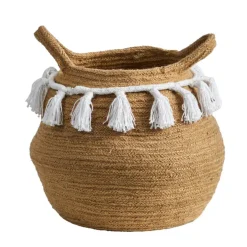 11" Boho Chic Handmade Natural Cotton Woven Basket Planter with Tassels
