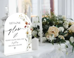 Boho Floral Let Love Glow Acrylic Wedding Sign, 6x8 Inch White Arch Tabletop Sign with Holder, Ceremony & Reception Decor for Wedding, Bridal Shower & Events