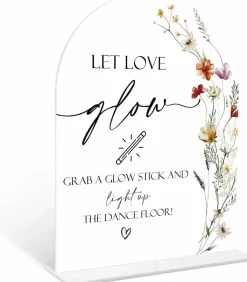 Boho Floral Let Love Glow Acrylic Wedding Sign, 6x8 Inch White Arch Tabletop Sign with Holder, Ceremony & Reception Decor for Wedding, Bridal Shower & Events