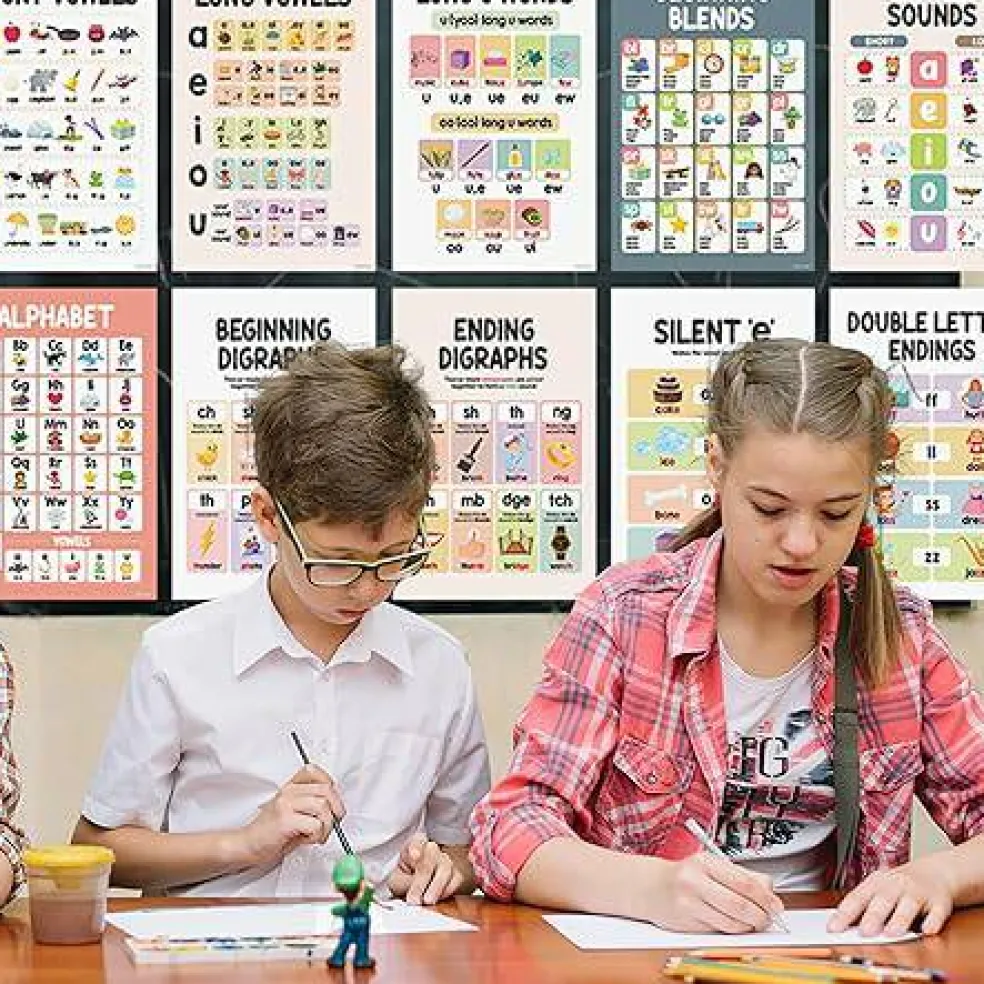 15 Boho Phonics Posters for Classroom, ESL & First Grade Reading Charts, 11x17 Matte Laminated Educational Vowel & Blends Wall Decor for Elementary, Homeschool & Bulletin Boards