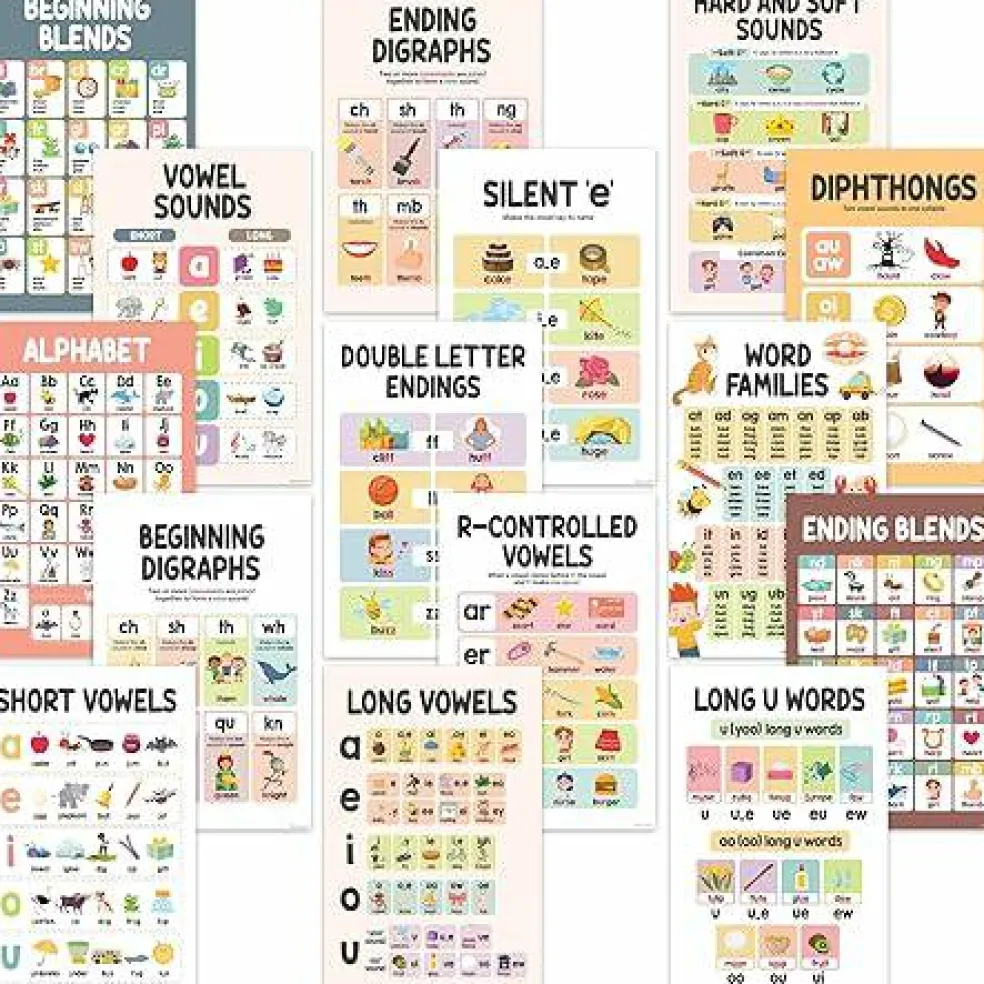 15 Boho Phonics Posters for Classroom, ESL & First Grade Reading Charts, 11x17 Matte Laminated Educational Vowel & Blends Wall Decor for Elementary, Homeschool & Bulletin Boards