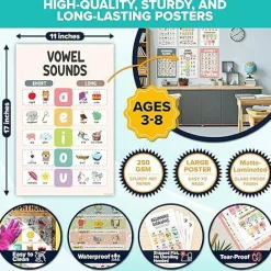 15 Boho Phonics Posters for Classroom, ESL & First Grade Reading Charts, 11x17 Matte Laminated Educational Vowel & Blends Wall Decor for Elementary, Homeschool & Bulletin Boards