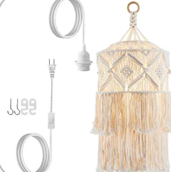 Boho Plug in Pendant Light, Hanging Light with Plug in Cord, Hanging Lamp with Handmade Macrame Lamp Shade